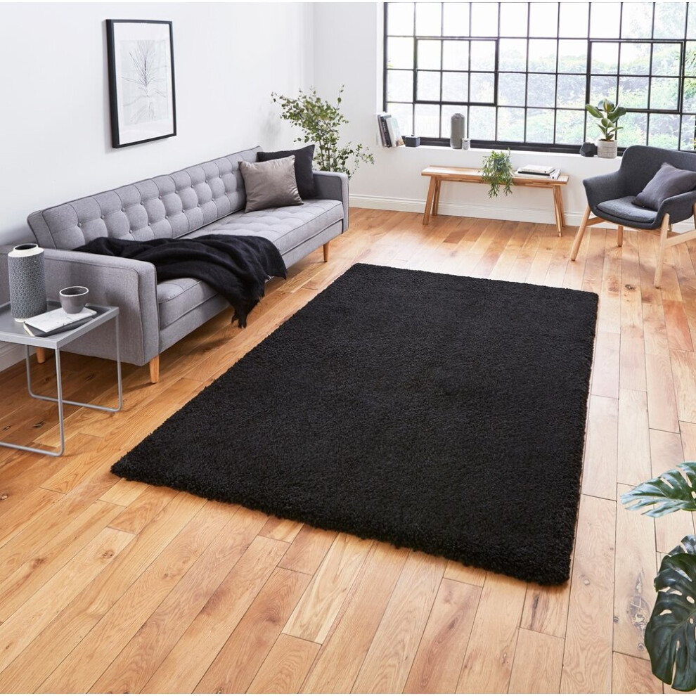 Think Rugs (120X170cm) Sierra 9000 Shaggy Rugs In Black High Dense Soft Polypropylene Mats