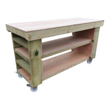 (8ft, Legs With Wheels) Wooden Workbench Eucalyptus Ply Top Double Shelf with Extra Shelving - Industrial Heavy-duty
