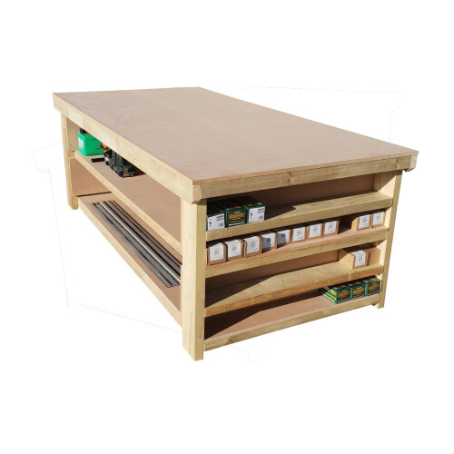 (7ft, Standard Legs) Workbench MDF Top Wide Double Shelf 4FT Depth With Side Shelving Wooden Table 1