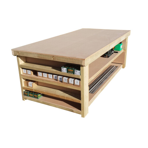 (7ft, Standard Legs) Workbench MDF Top Wide Double Shelf 4FT Depth With Side Shelving Wooden Table 2