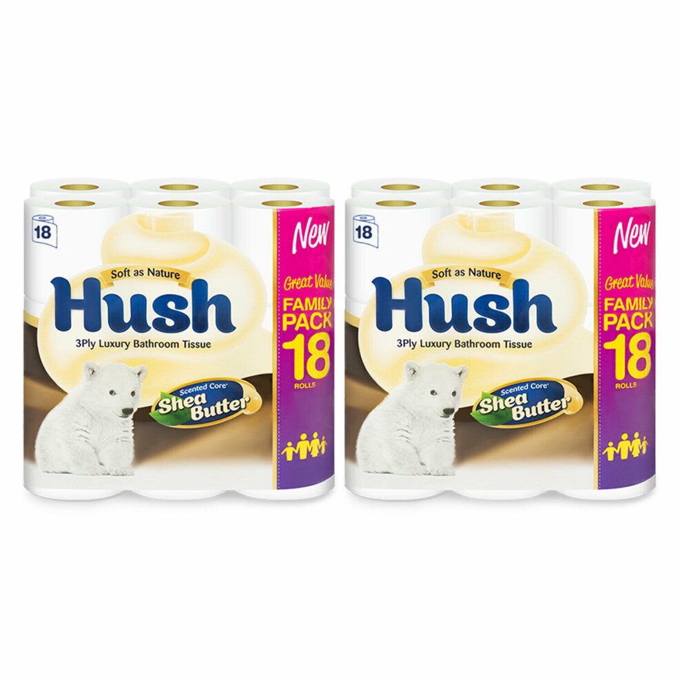 (36 Rolls) Hush Luxury 3Ply Bathroom Tissue, SheaButter Rolls