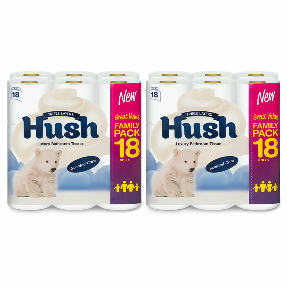 (36 Rolls) Hush Luxury 3Ply Bathroom Tissue, White Rolls