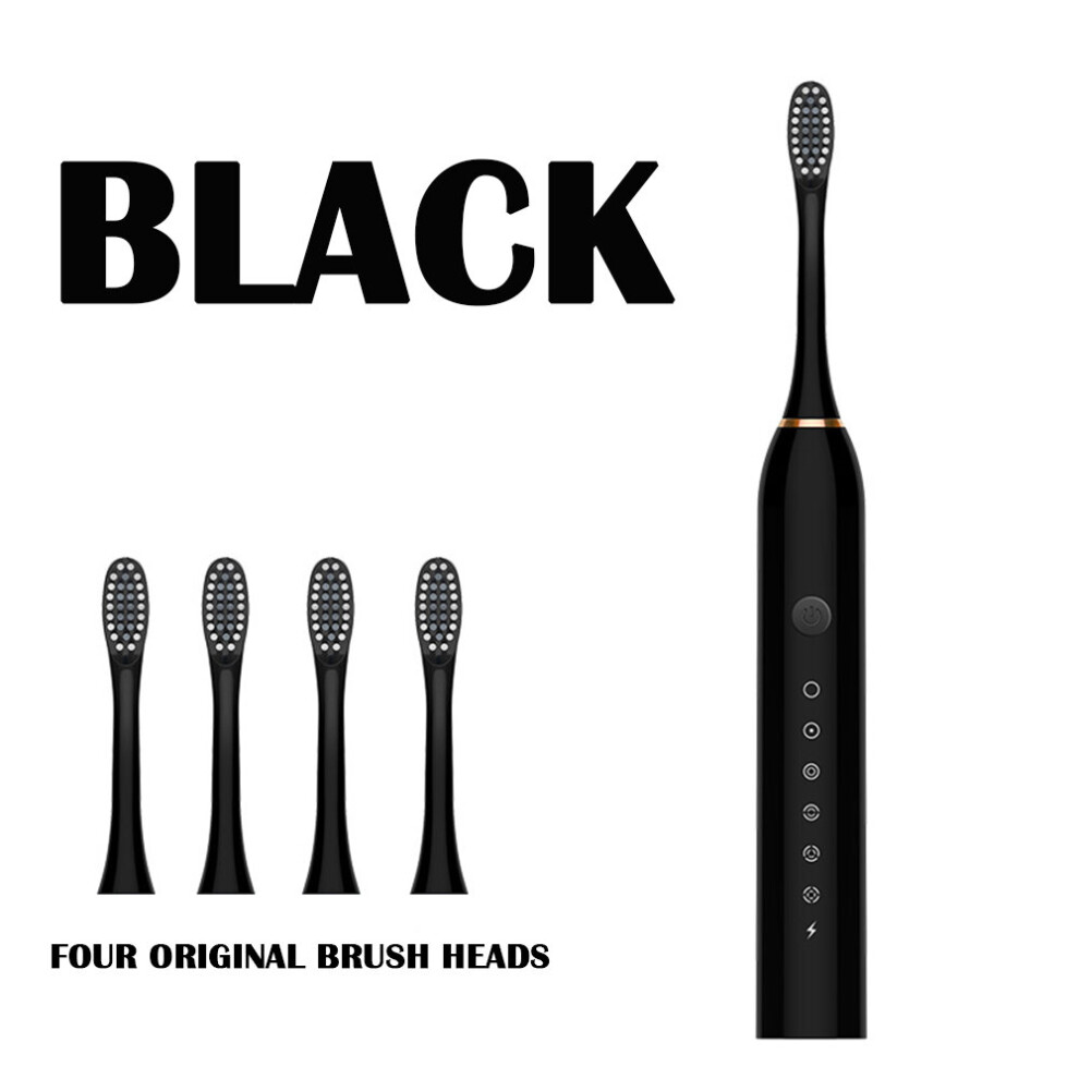 (Black) Electric Toothbrush Sonic Vibration Rechargeable Toothbrush With 4 Brush Heads