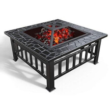 VOUNOT Fire Pit Table with BBQ Grill Shelf, 3 in 1 Square Firepit for Barbecue, Heater, Ice Pit, Metal Brazier for Garden Patio Outdoor, with Waterp