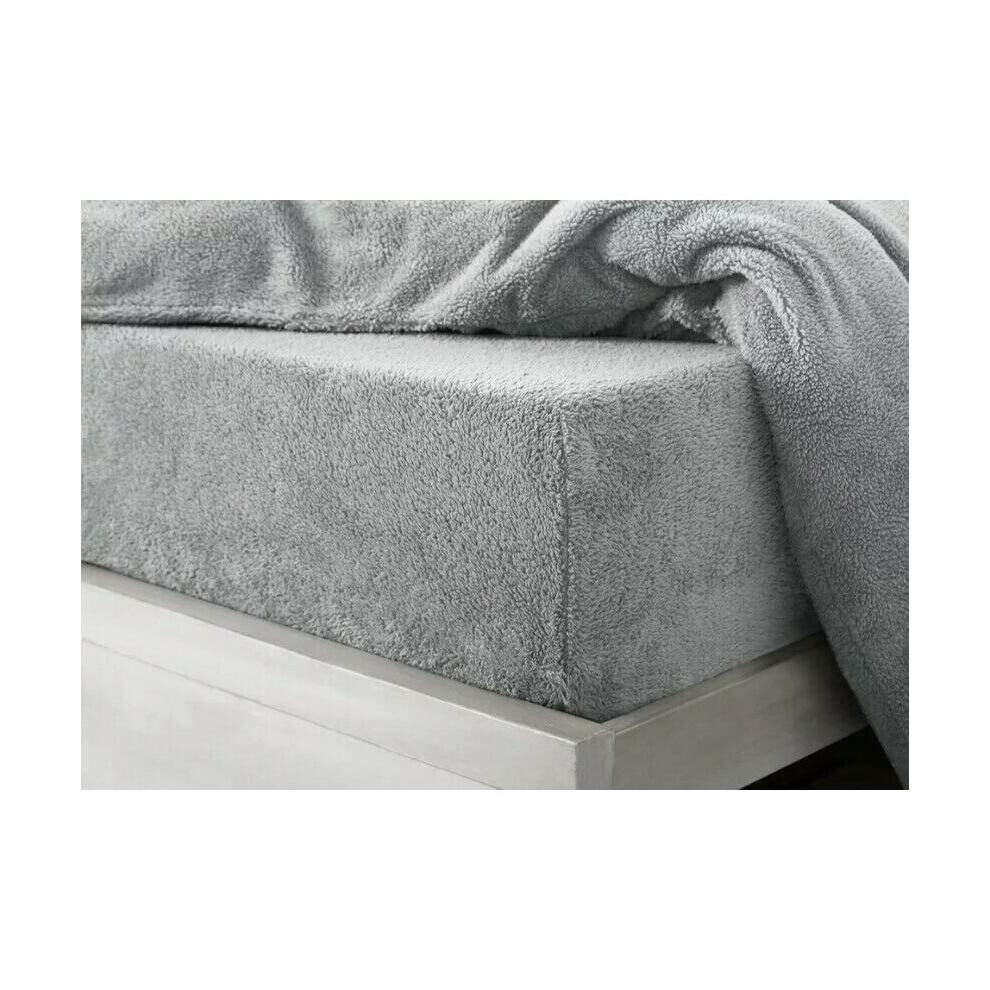 (Silver, Single) Teddy Extra deep Fleece Fur Fitted Bed Sheet