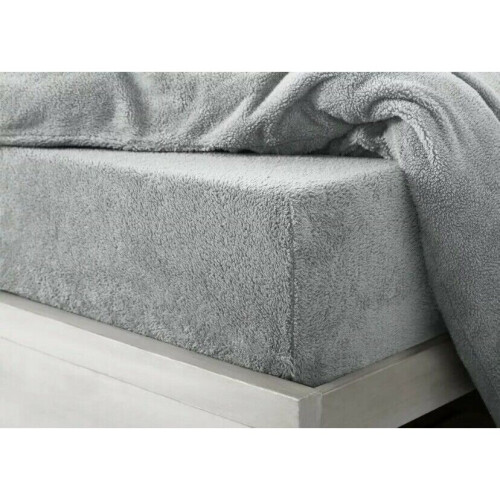 (Silver, King) Teddy Extra deep Fleece Fur Fitted Bed Sheet