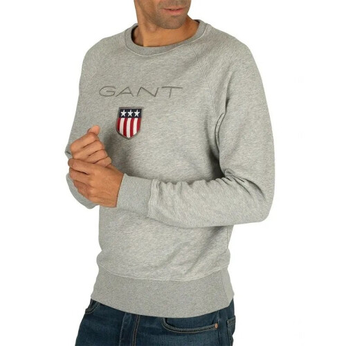 (S) GANT SHIELD Mens Sweatshirt Crew Neck Long Sleeve Pullover Jumper Grey Melange 2