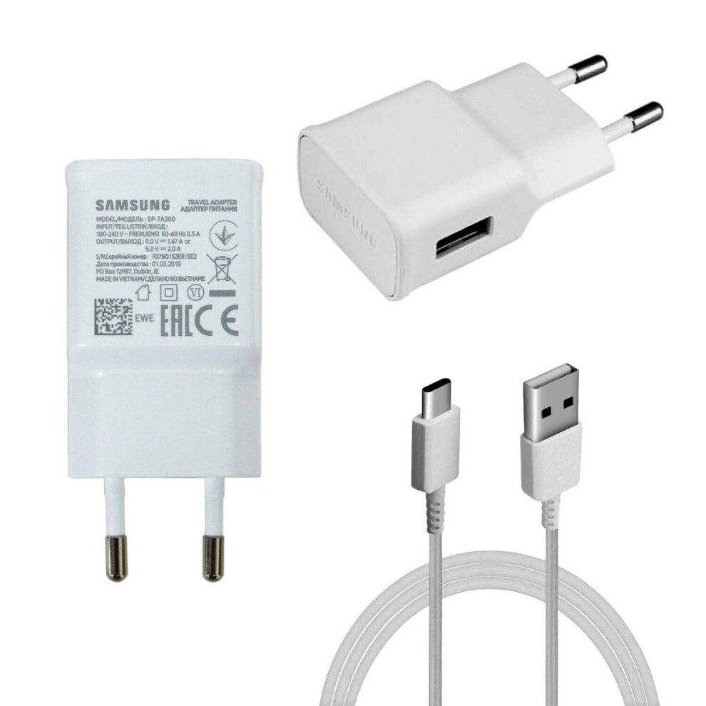 (Adapter & Cable) Samsung 2 Pin EU 2 Amp Adaptive Fast Mains Charger USB-C Data Cable In White