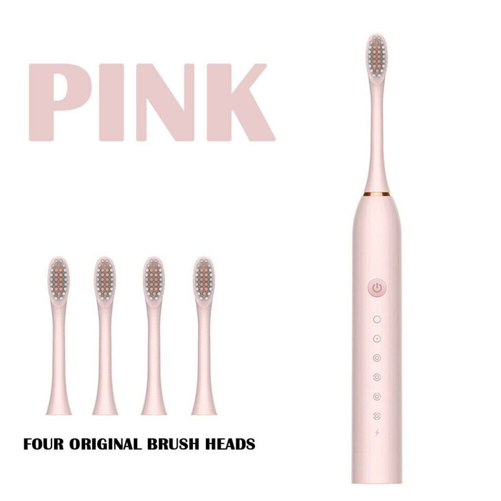 (Pink) Electric Toothbrush Sonic Vibration Rechargeable Toothbrush With 4 Brush Heads