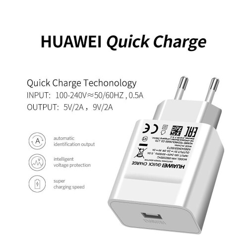 Huawei (Adapter & Cable) Genuine Huawei 2 Pin 2 Amp Mains Quick Charger HW-059200EHQ And USB Type-C Data Cable HL 1289 1