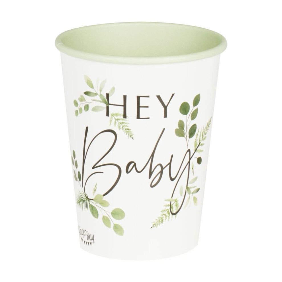 8 Botanical Hey Baby Party Cups, Baby Shower Cups, Neutral Baby Shower Decorations, Eco Baby Shower, Gender Reveal Party Cups