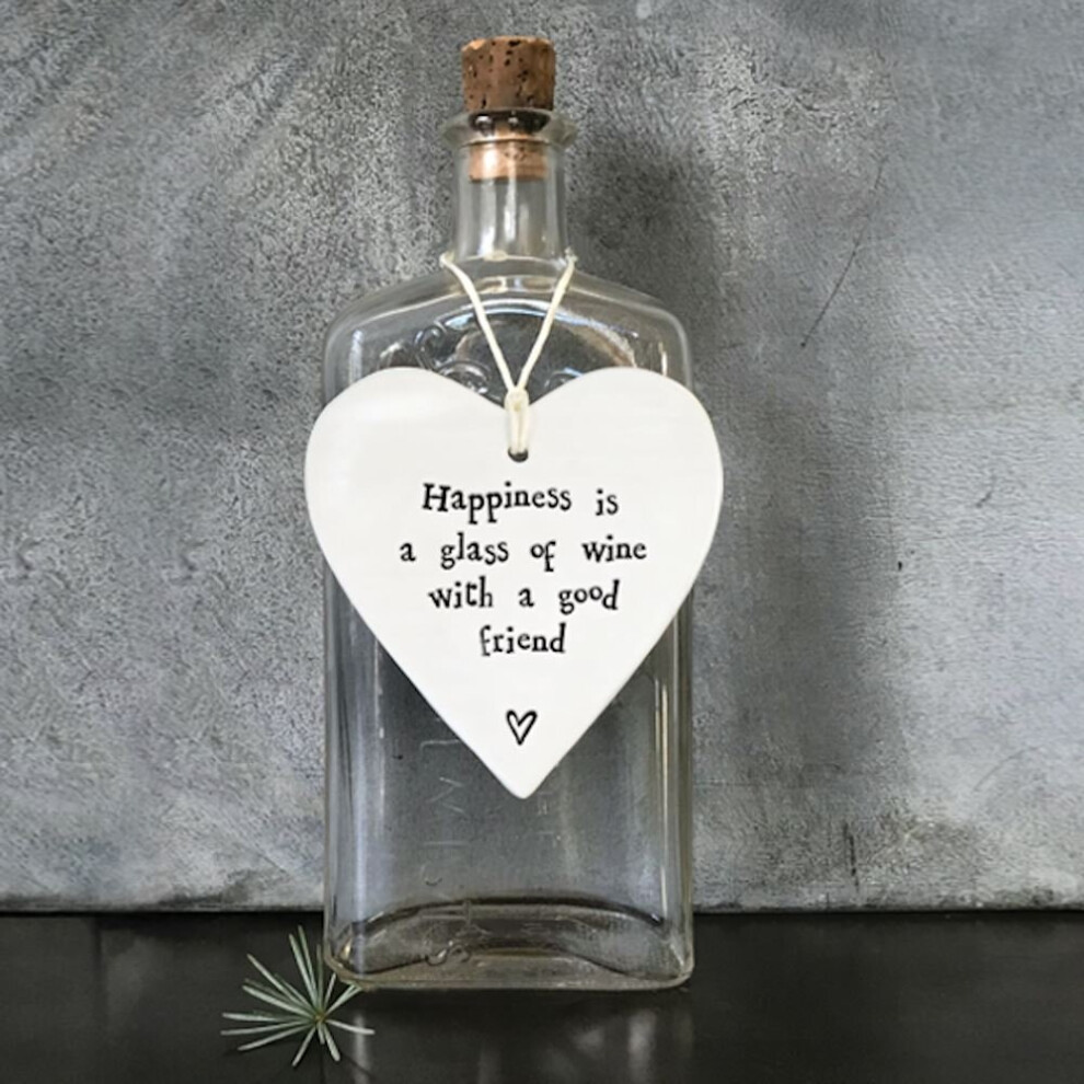 Isolation Gift, East Of India Porcelain Round Heart 'Happiness Is Glass On Wine...', Porcelain Gift, Hanging Decoration, Wedding Gift