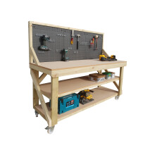 (4ft, Legs With Wheels) Wooden MDF Top Workbench With Pegboard And Double Shelf