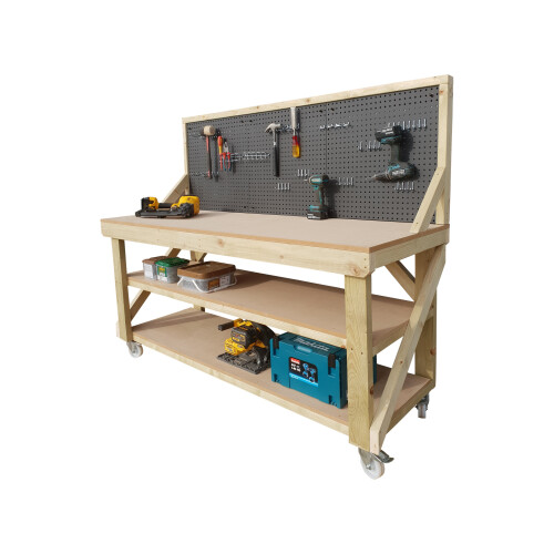 (6ft, Legs With Wheels) Wooden MDF Top Workbench With Pegboard And Double Shelf 1