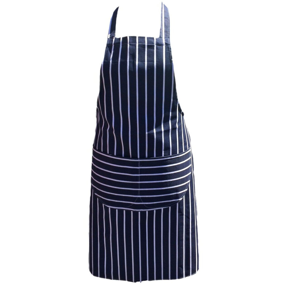 (Blue/White Striped Cotton) Professional Chefs Apron With Double Pockets