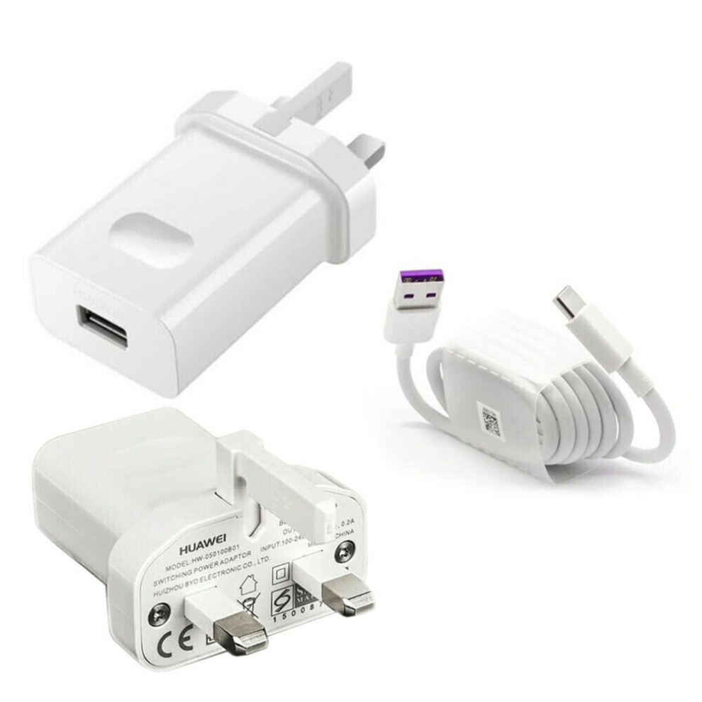 (Adapter & Cable) Genuine Huawei 3 Pin Mains Charger HW-050200B01 And USB Type-C Data Cable HL-1289