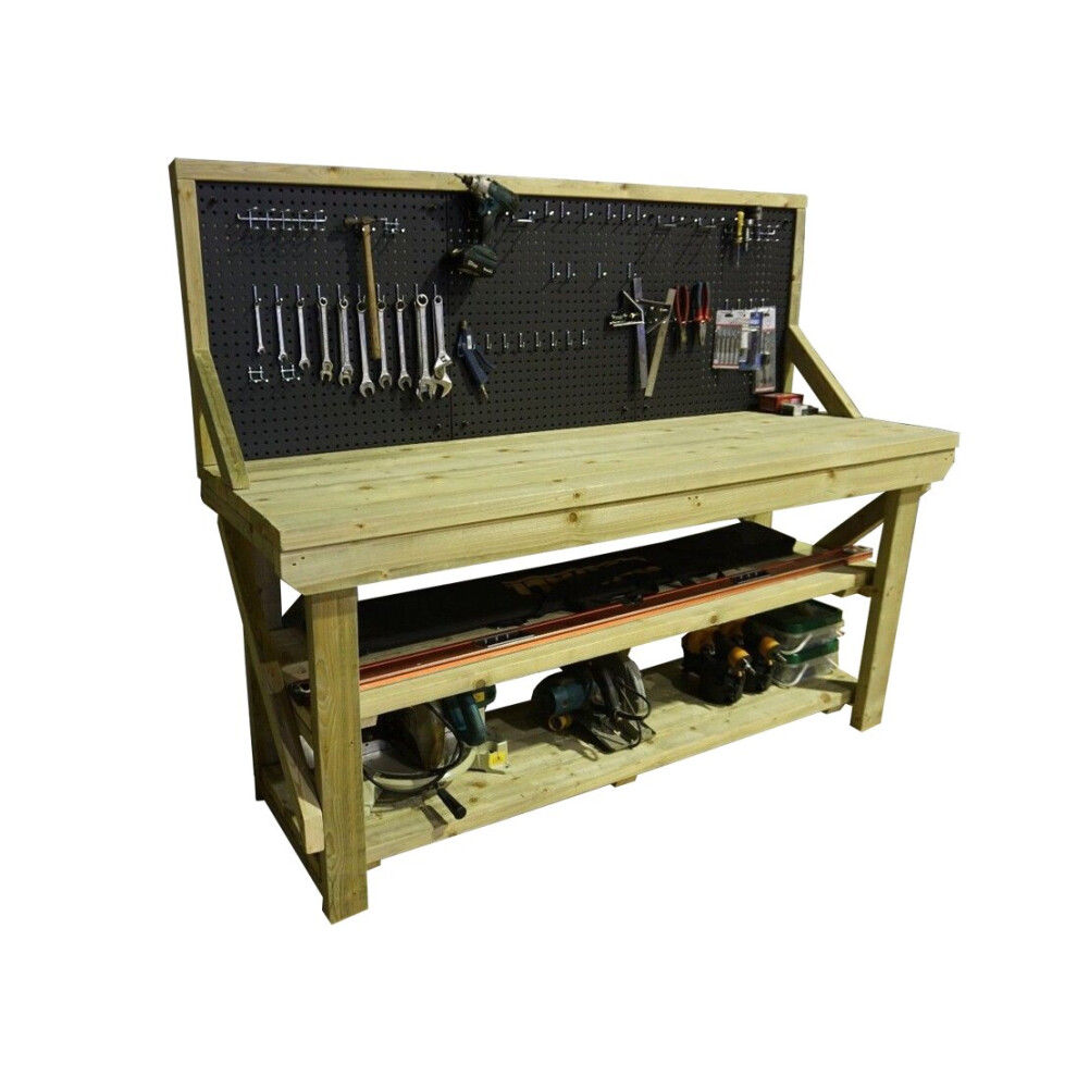 (4Ft, Standard Legs) Wooden Pressure Treated Workbench With Pegboard And Double Shelf 7426998916124