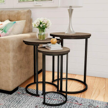 Set of 3 Round Vintage Wooden/Steel Nesting Side Coffee Tables Hallway Furniture