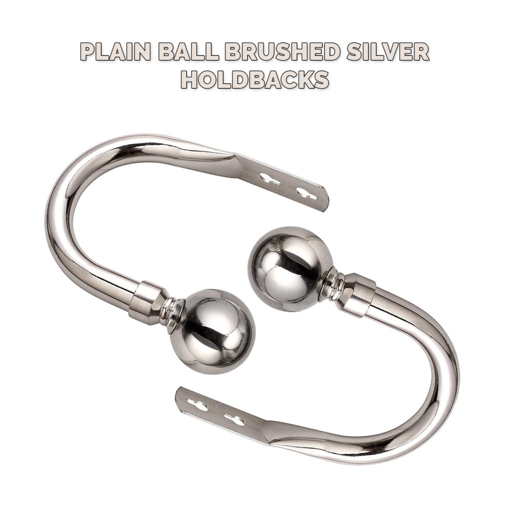 (Plain Ball / Brushed Silver, Hold Backs Pair) Extendable Metal Curtains Pole Plain Ball 28mm Includes Rings, Finials & Rod Fittings