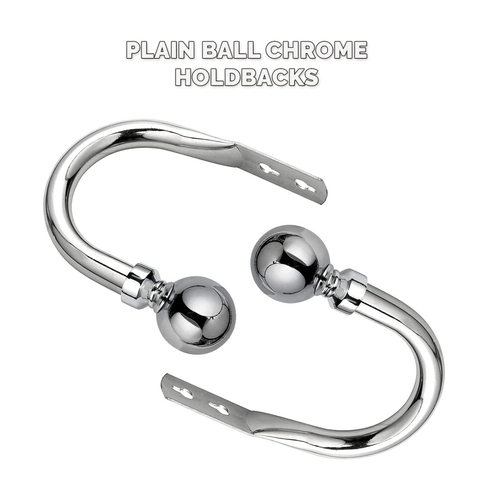 (Plain Ball / Chrome, Hold Backs Pair) Extendable Metal Curtains Pole Plain Ball 28mm Includes Rings, Finials & Rod Fittings