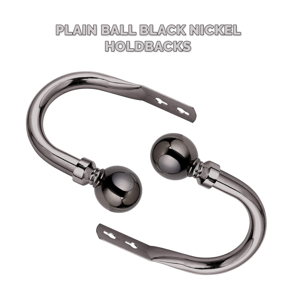 (Plain Ball / Black Nickel, Hold Backs Pair) Extendable Metal Curtains Pole Plain Ball 28mm Includes Rings, Finials & Rod Fittings