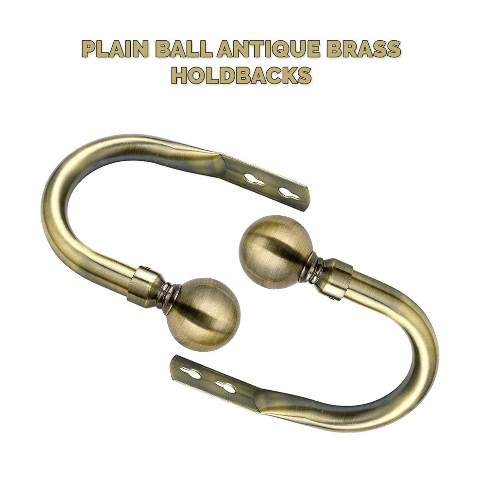 (Plain Ball / Antique Brass, Hold Backs Pair) Extendable Metal Curtains Pole Plain Ball 28mm Includes Rings, Finials & Rod Fittings