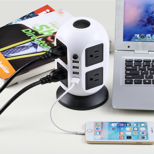 (Black ) 8Way Extension Lead Cable Protected Tower Socket 2