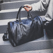 (Black) Leather Duffle Gym Travel Luggage Handbag