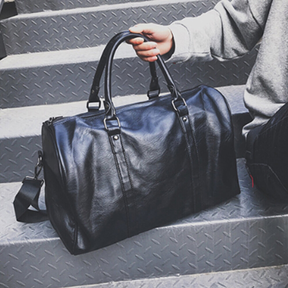(Black) Leather Duffle Gym Travel Luggage Handbag