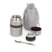 (Gray) 500 ml Vacuum Insulated Hot Food Flask, Stainless Steel Food Jar with Folding Spoon Storage Bag, Leakproof Food Container for Kids Adults