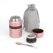 (Pink) 500 ml Vacuum Insulated Hot Food Flask, Stainless Steel Food Jar with Folding Spoon Storage Bag, Leakproof Food Container for Kids Adults