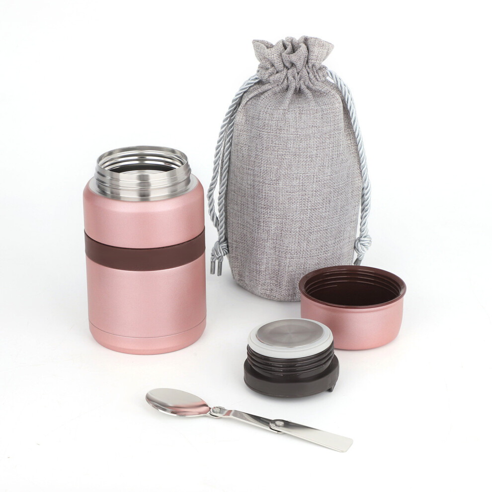 (Pink) 500 ml Vacuum Insulated Hot Food Flask, Stainless Steel Food Jar with Folding Spoon Storage Bag, Leakproof Food Container for Kids Adults