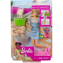 Barbie Play 'n Wash Pets Poppen- en Speelset met 3 Kleurenveranderende Dieren