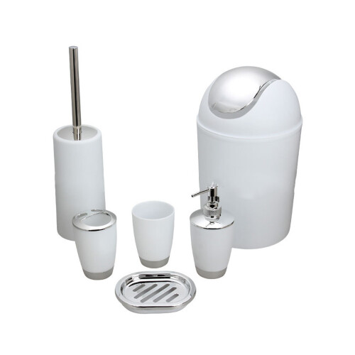 (White) Professional 6pc Bathroom Accessories Set Bin Soap Dispenser Toothbrush Tumbler