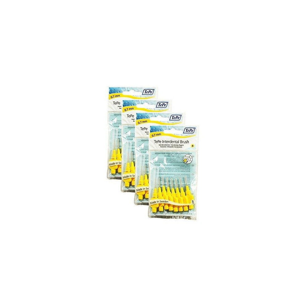 TePe Interdental Brushes 0.7mm Yellow - 4 Packets of 8 (32 Brushes)