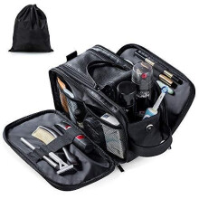 Water-Resistant Leather Toiletry Bag for Men Large Travel Wash Bag Shaving Dopp Kit Bathroom Gym Toiletries Makeup Organizer with Free Wet Dry Bag (