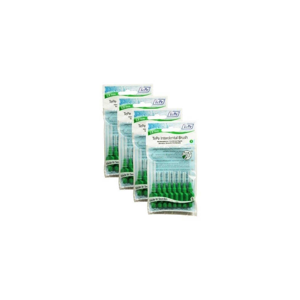 TePe Interdental Brushes 0.8mm Green - 4 Packets of 8 (32 Brushes)