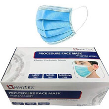 Omnitex 3-Ply Type IIR Face Mask with Ear Loops - 98% Bacterial Filtration, Fluid-Resistant, Latex/Nickel/Cadmium/Fiberglass Free, Box of 50