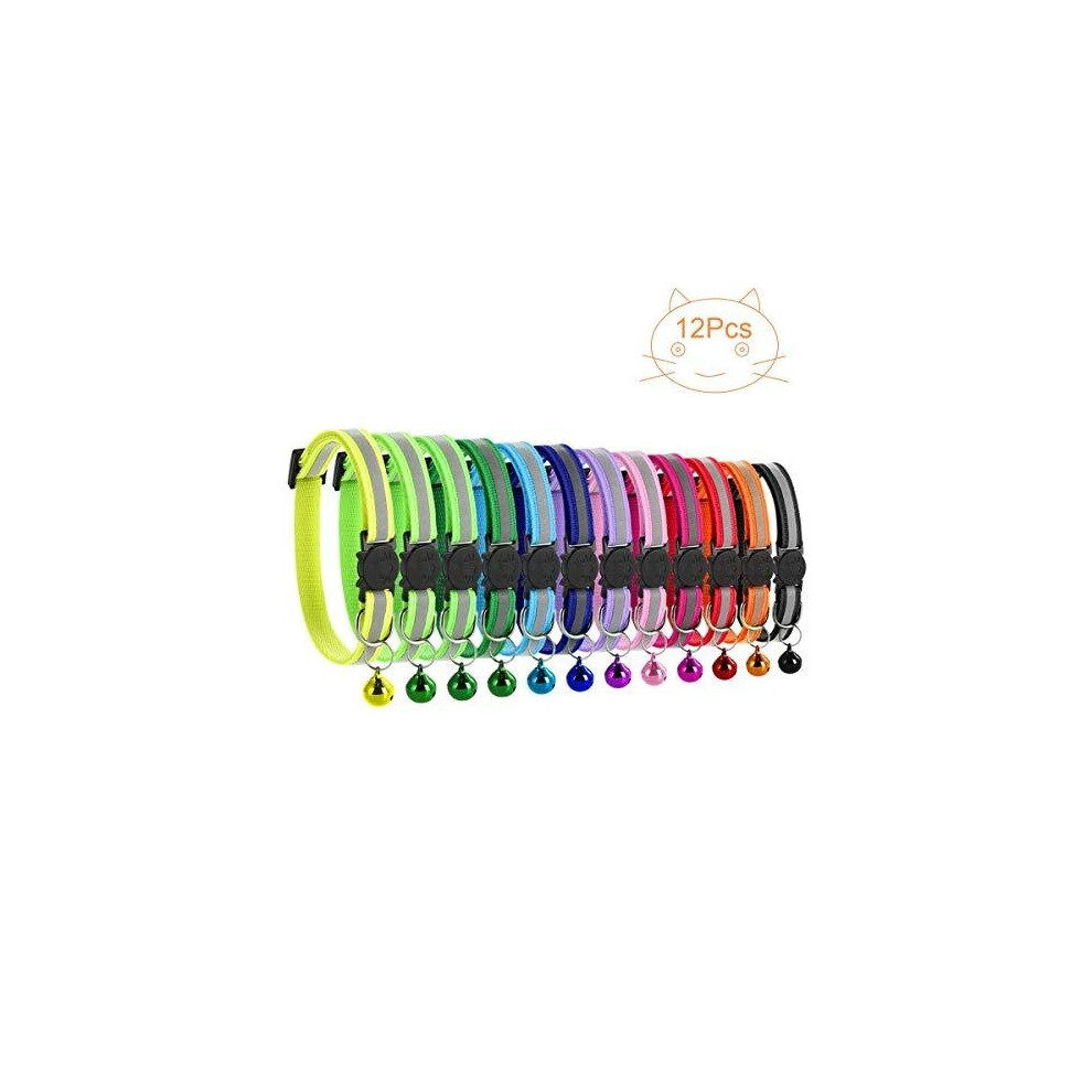 12 PACK Reflective Cat Collars Safety Quick Release Buckle with Bell- Pet Cat Kitten Collar Adjustable 19-32cm