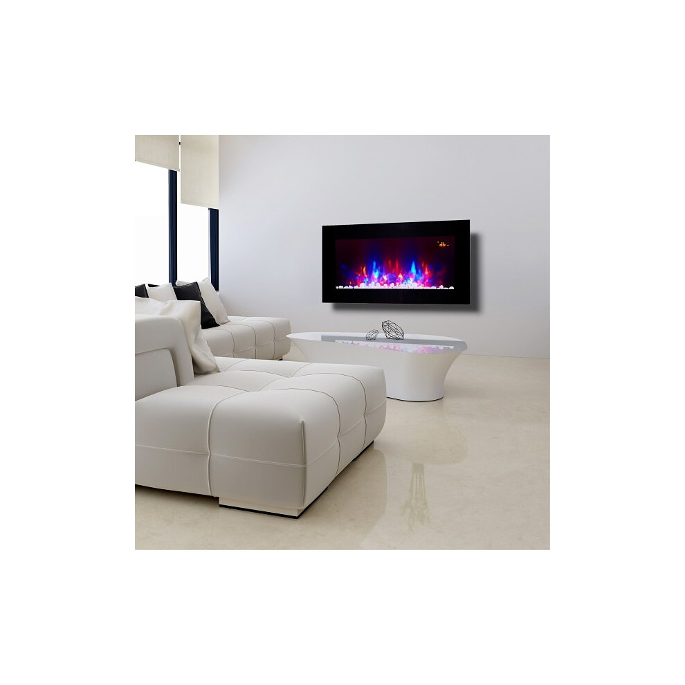 TruFlame Wall Mounted Flat Glass Electric Fire with Pebble and Log Effect with 7 Colour LED Sides and Flames