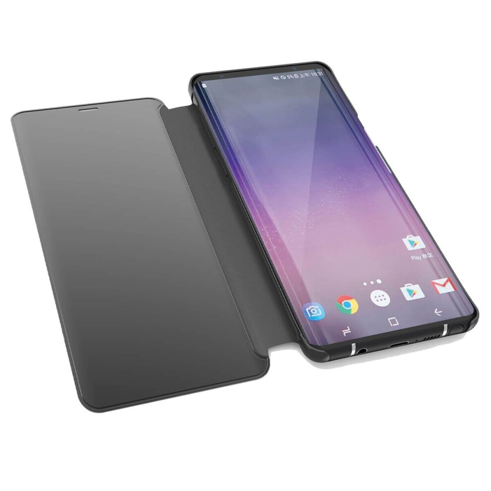 silver--for-samsung-galaxy-note9--mirror-flip-case-wallet-cover-built-in-chip-glass-screen-protector-for-samsung
