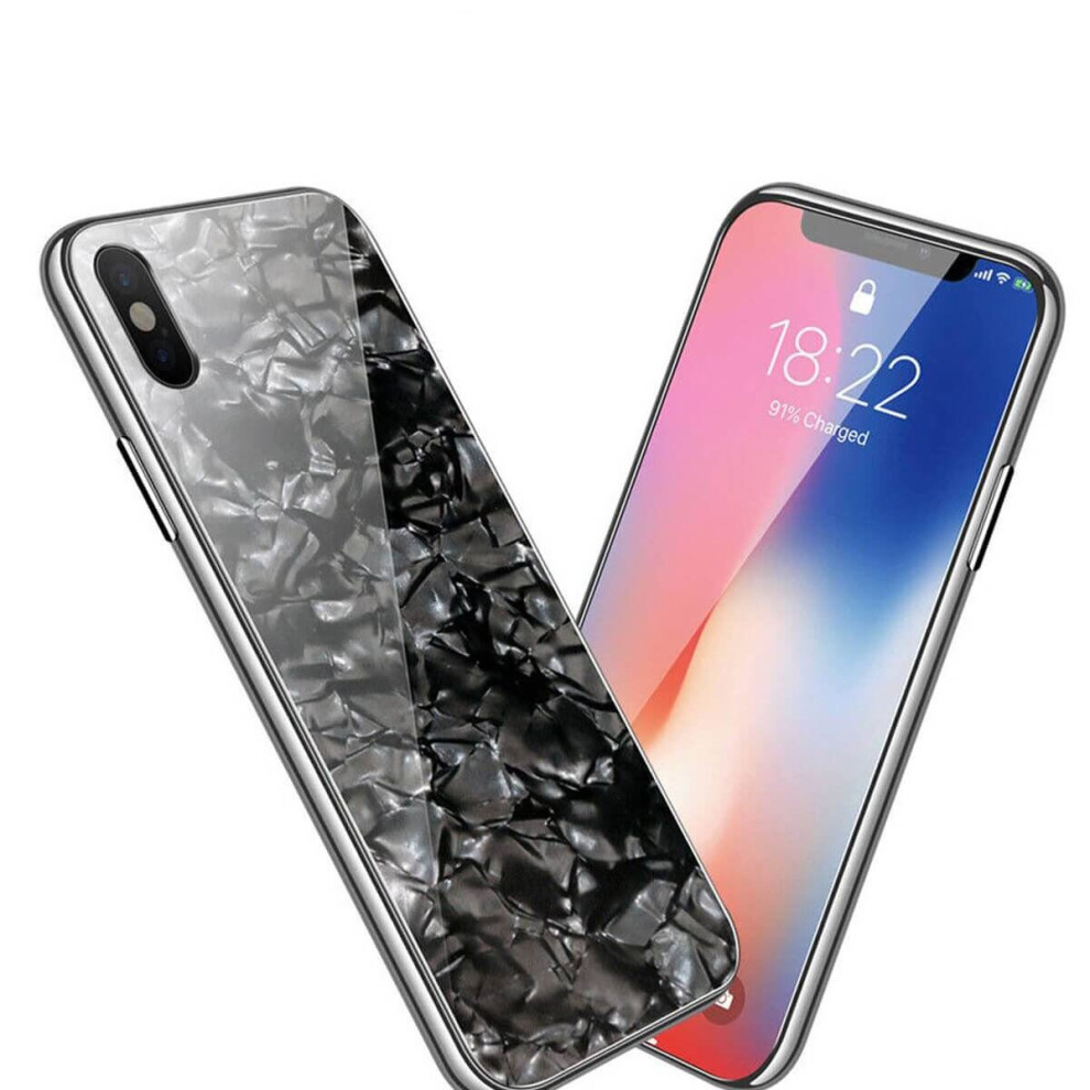(Black, For Apple iPhone XR) Marble Tempered Glass Screen Protector Case Luxury Cover For Apple