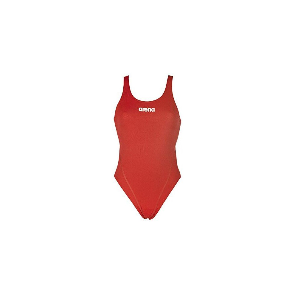 (Red, White, 30) Arena Solid Swim Tech High Women's Swimming Costume with Open Back