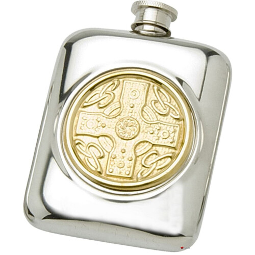 Pewter Pocket Flask With Brass Celtic Disc Engravable Great Gift Screw Top