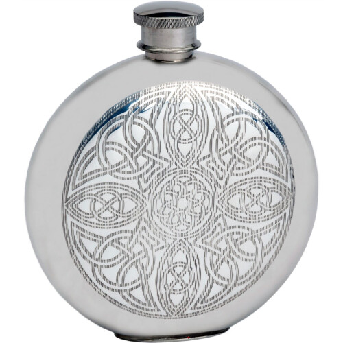 Pewter Round Flask Celtic Interlaced Design 6oz Engravable Screw Top Ideal Gift