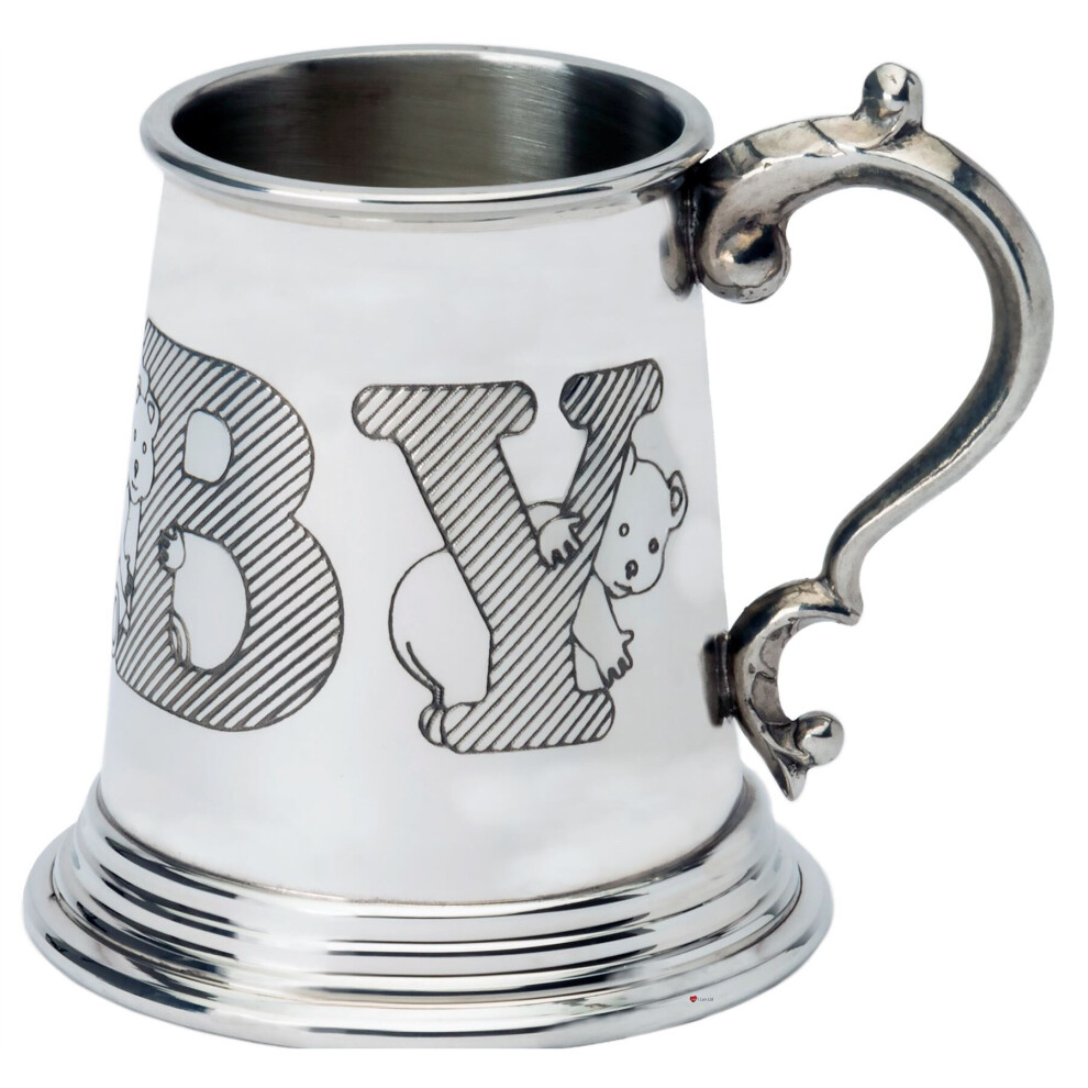 Child's Christening 1/4 Pt Tankard Pewter Cup Baby And Teddy Engravable I Luv Ltd