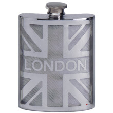 Pewter Hip Flask London On British Union Jack 6oz Space for Engravable Screw Top