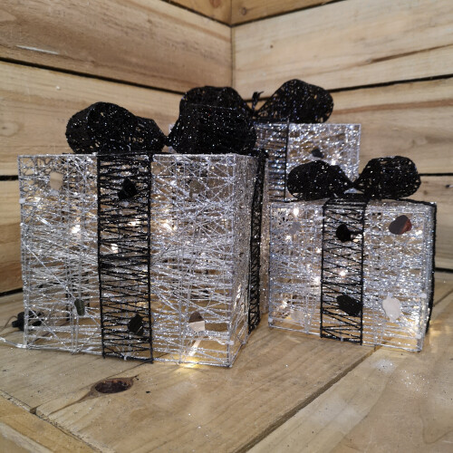Premier Premier 3pc Christmas Silver And Black Parcels With 40 Warm White LEDs 2