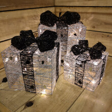Premier 3pc Christmas Silver And Black Parcels With 40 Warm White LEDs