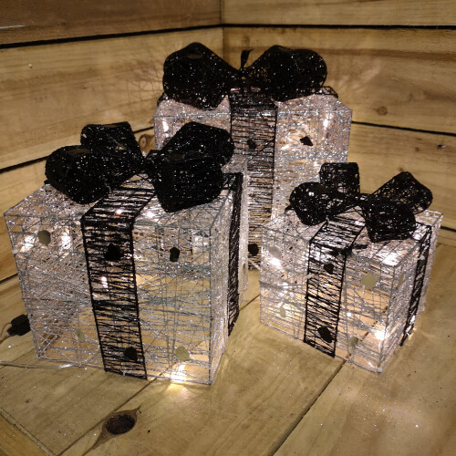 Premier Premier 3pc Christmas Silver And Black Parcels With 40 Warm White LEDs